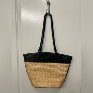 Preston & York Woven Straw Tote with Black Leather Trim